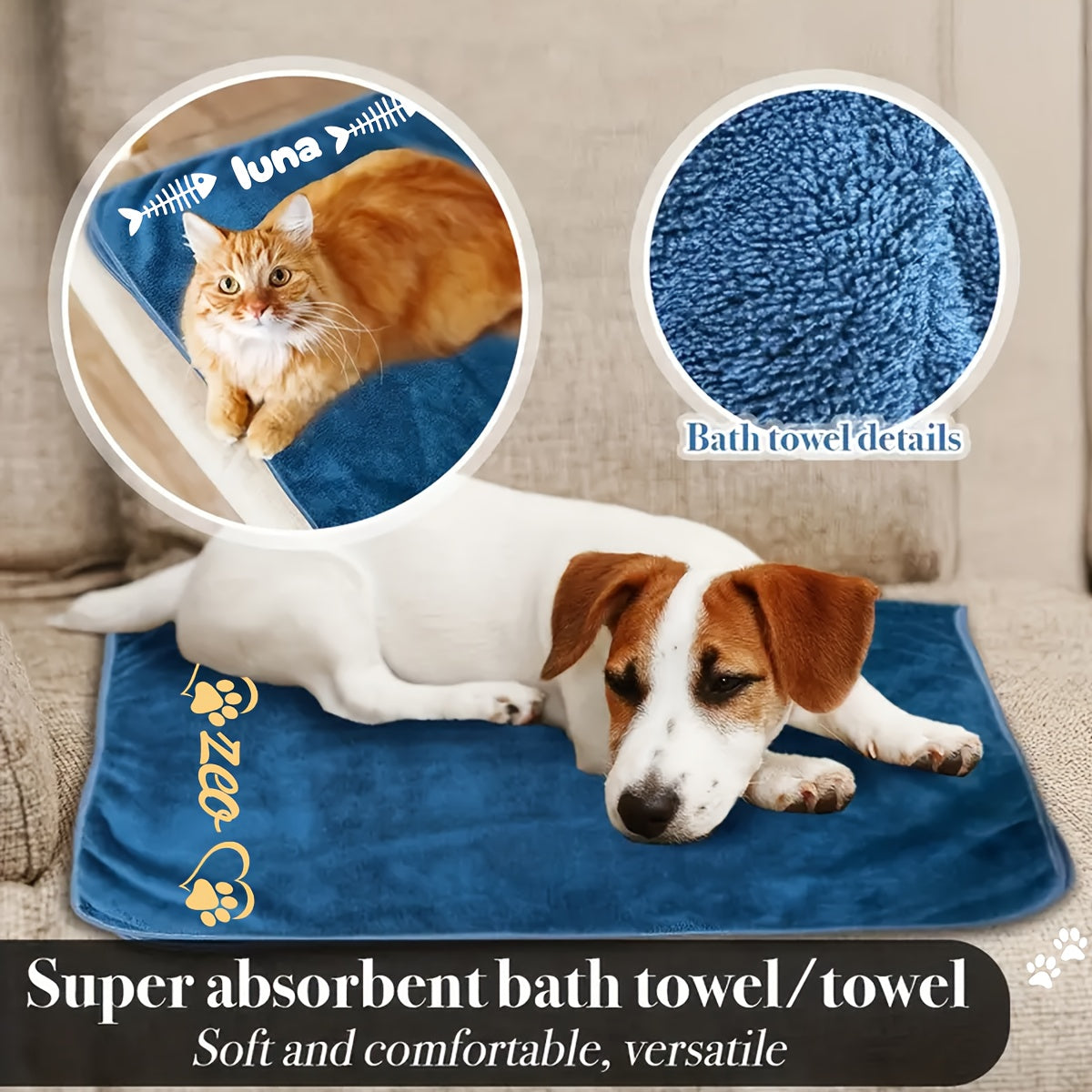 Toalha de Banho Personalizada para Pets - Secagem Rápida com Nome/Texto Personalizado