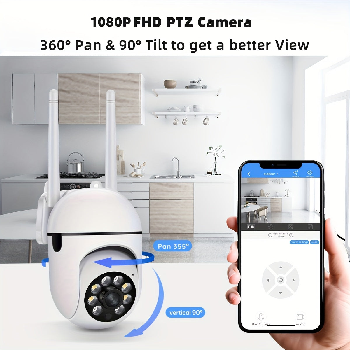 Câmera com visão noturna colorida sem fio WIFI 1080P Full HD Câmera interna/externa Áudio fio WIFI Pan/Tilt/Zoom 2.4G Wi-Fi Câmera de segurança residencial inteligente com rastreamento de movimento