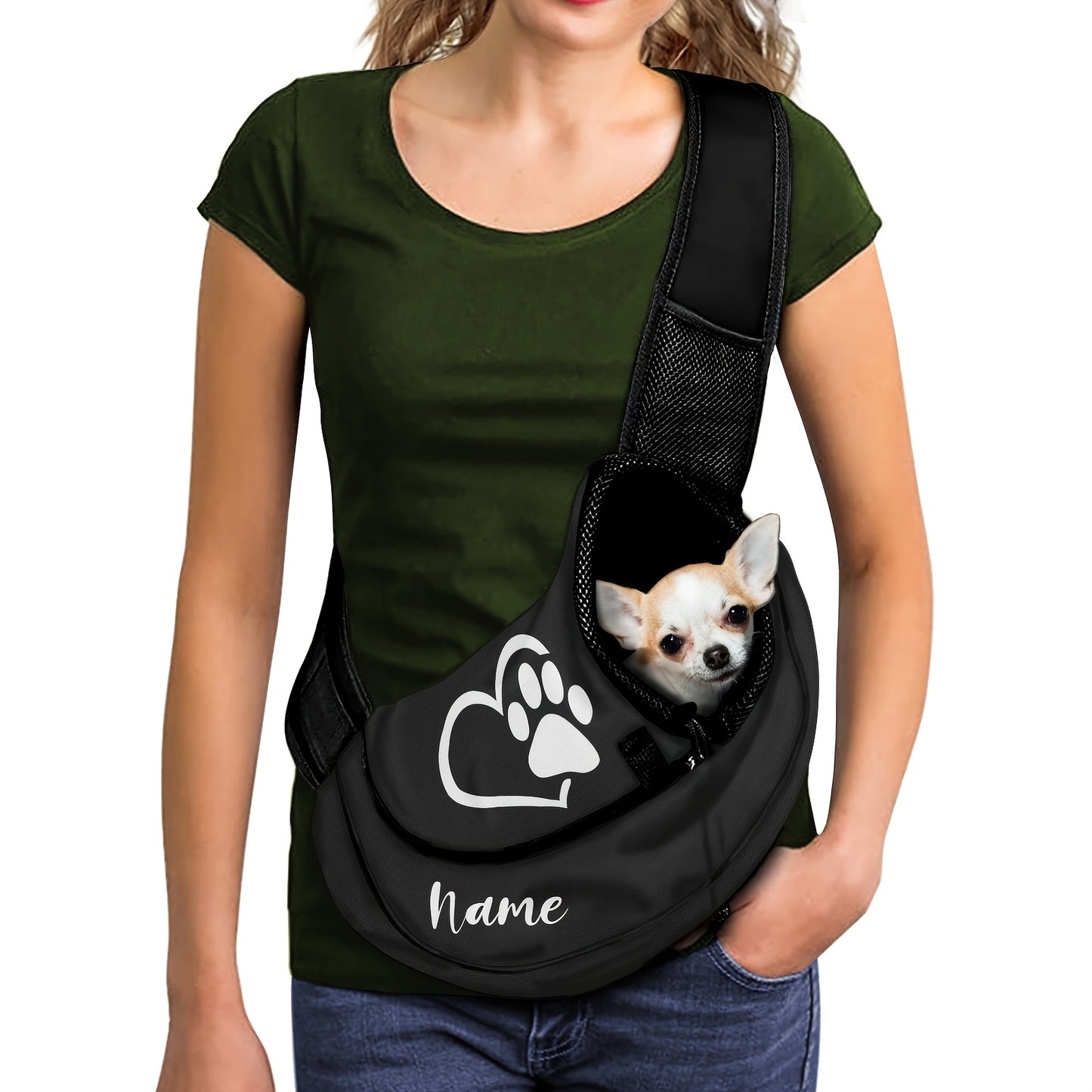 Bolsa Portátil para Pets com Nome/Texto Personalizado - Transportadora de Cães e Gatos Hands-Free com Costas em Malha Respirável, Alça Ajustável