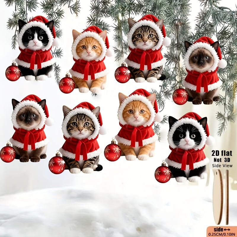 Enfeites de Natal 2D planos, com 8 gatinhos fofos  com gorros e laços de Papai Noel, pingentes de madeira para pendurar na árvore